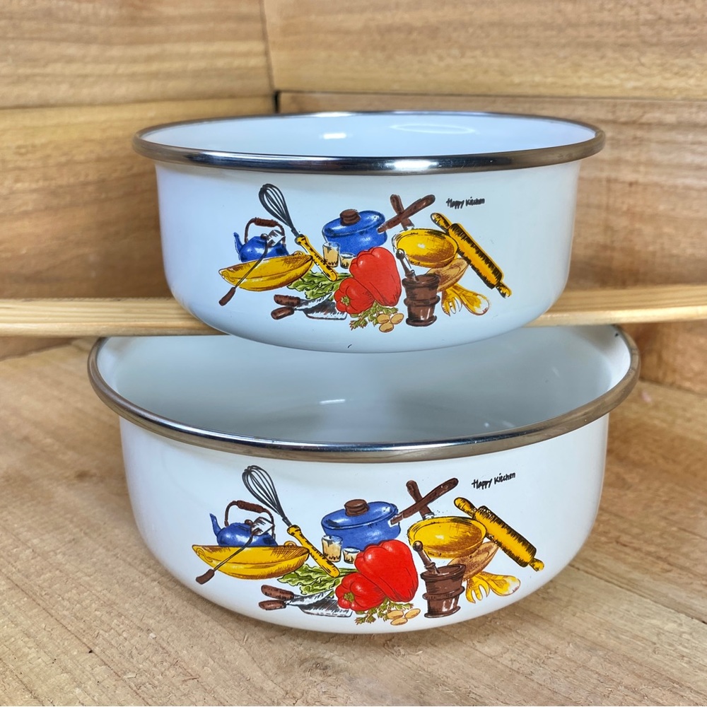 Pair 2 Vintage Enamelware Bowls Happy Kitchen Utensils Tomato Print